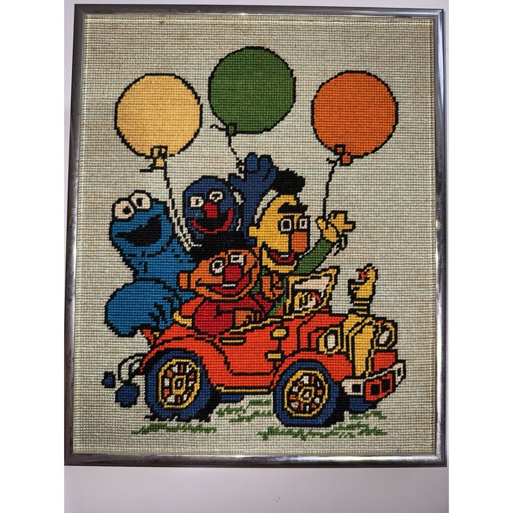 VTG Sesame‎ Street Needlepoint Art Framed Bert Ernie Cookie Ballon's